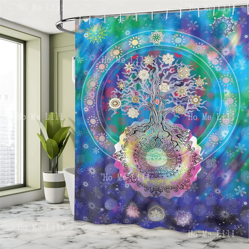 Тканевая занавеска для душа с изображением мандалы дерева жизни и цветов