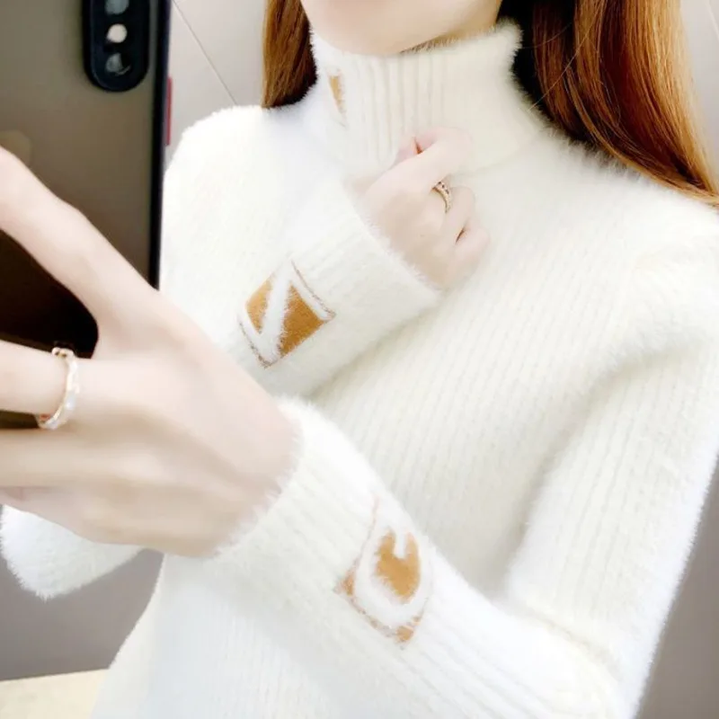 2023 New Autumn Winter Thick Sweater Women's Fashion Foreign Slim Mink Fleece Turtleneck Letter Jacquard Tight Jacket Harajuku images - 6