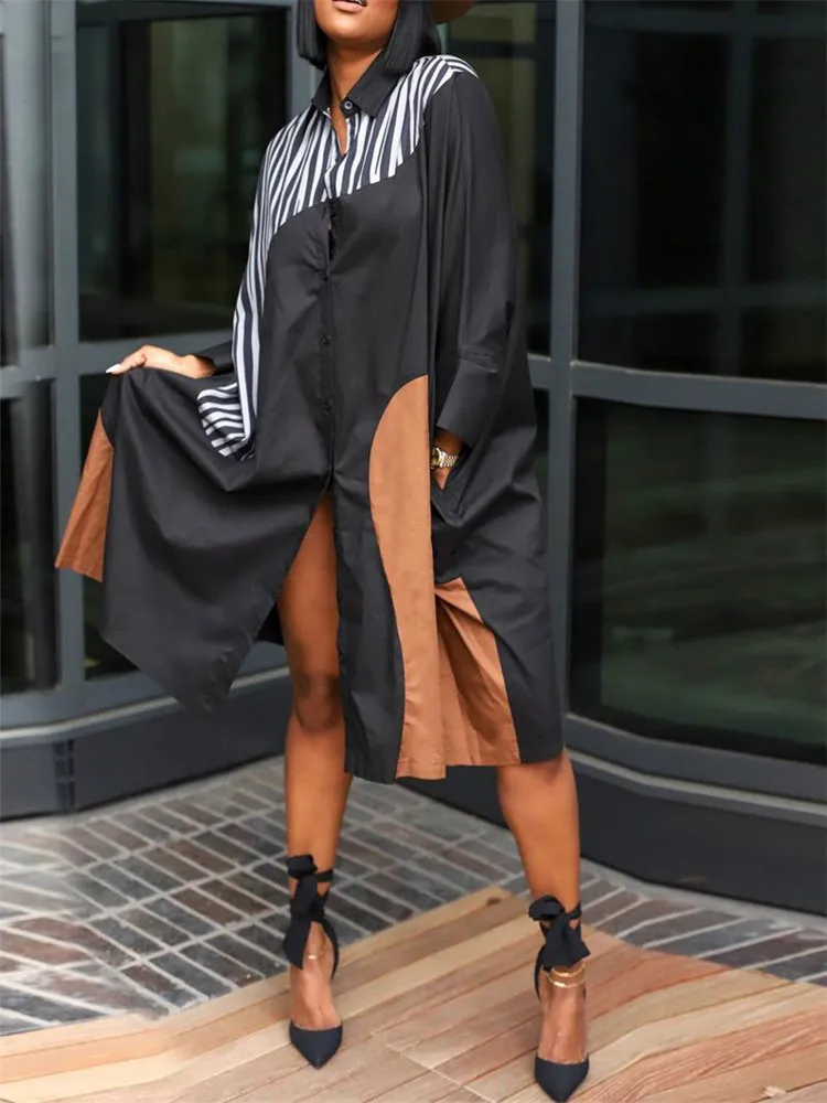 

Женское платье-рубашка на пуговицах, повседневное элегантное платье-мини в полоску с цветными блоками, большие размеры, Y2k, 2022