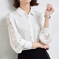 brand quality women shirt elegant office hidden buttons long sleeve shirts lace hollow splicing white blouse lady streetwear top