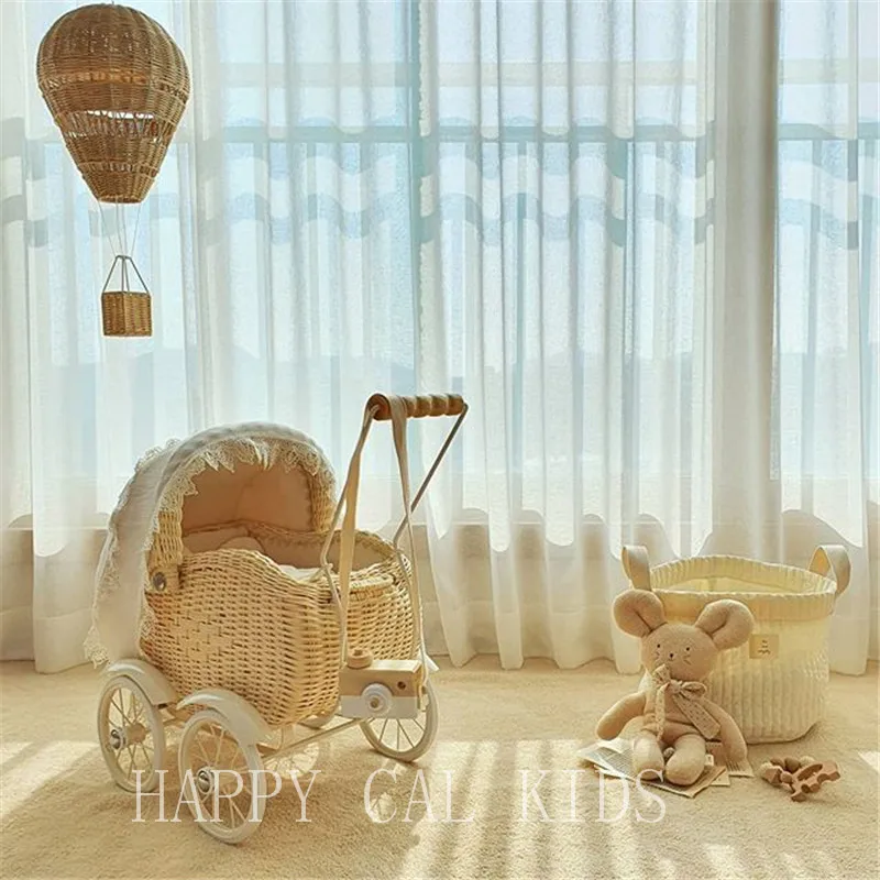 

Nordic Ins Rattan Hand-Pushed Walker Baby Hand-Held Walking Four-Wheel Toy Children's Room Decoration Photo Props