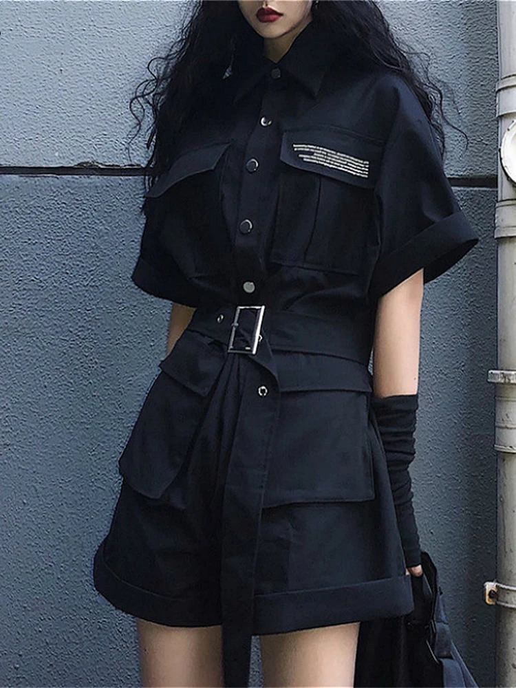 

Женские винтажные комбинезоны в стиле Хай-стрит, черные комбинезоны с ремнем в стиле Харадзюку, одежда для девушек в стиле хип-хоп, корейски...