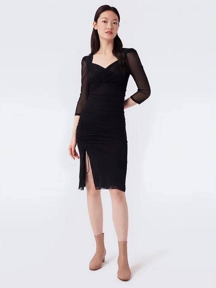 

Sexy Bodycon Mesh Folded Midi Dress Blue/Black Size XS-L