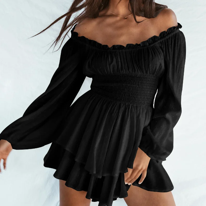 

Женское Плиссированное Черное короткое платье с одним воротником, повседневный комбинезон с длинными рукавами и оборками, Новое сексуальное мини-платье