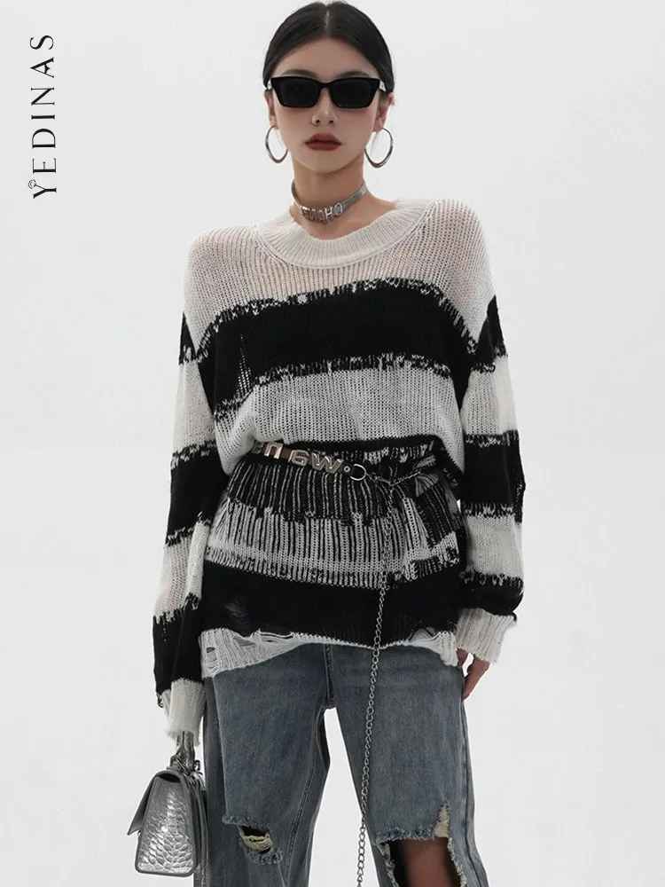 

Уличная одежда Yedinas, свитер в полоску с вырезами, Женский пуловер в Корейском стиле с длинным рукавом, шикарный женский джемпер, топы на осень и весну Y2K