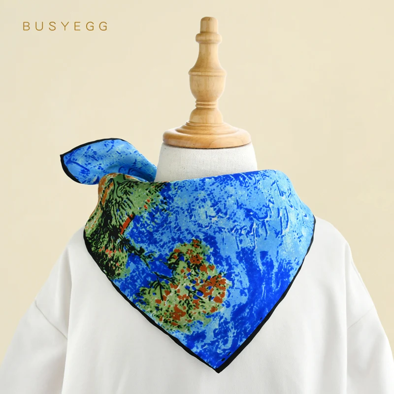 

Pastorale Oil Painting Summer Fashion Starf 100% Real Silk 50cm Square Headband Scarves Gift For Children Small Hijab Wrap Kids