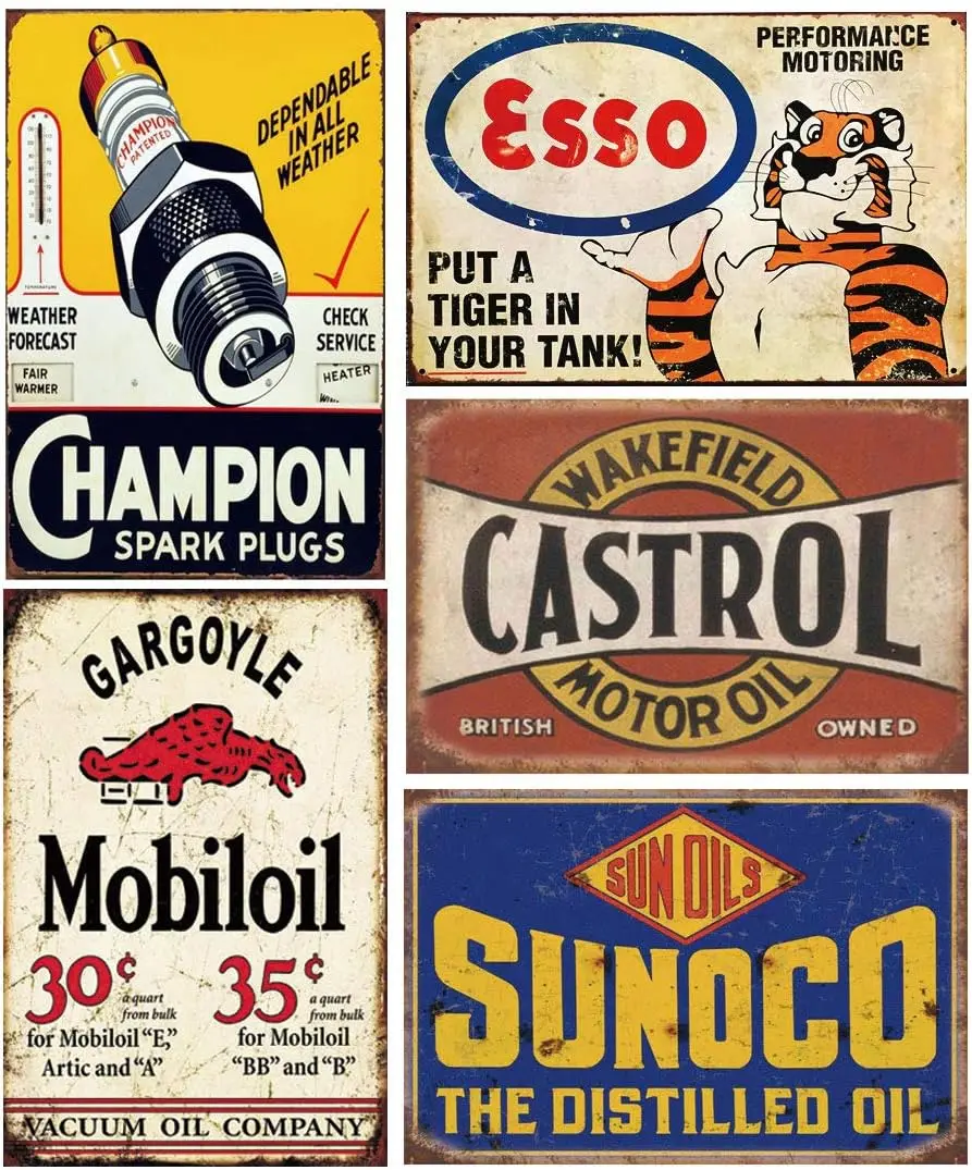 

Tin Signs 5 Pieces Reproduction Vintage, Gas Oil Metal Signs, Home Kitchen Man Cave Bar Garage Wall Decor, 8x12 Inch