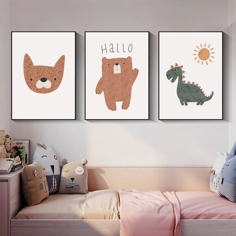 

Simple Nordic Watercolor Hand-painted Cartoon Animal Bear Dinosaur Fox Wall Art Canvas Painting Posters Children's Room Decor