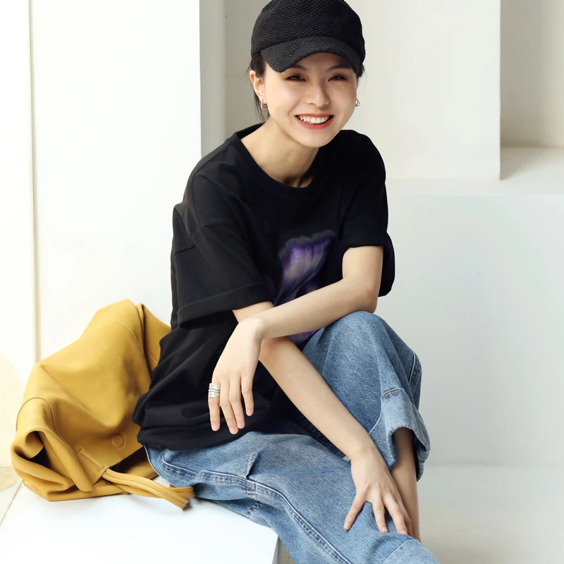 Женская хлопковая футболка с коротким рукавом круглым вырезом и - купить по