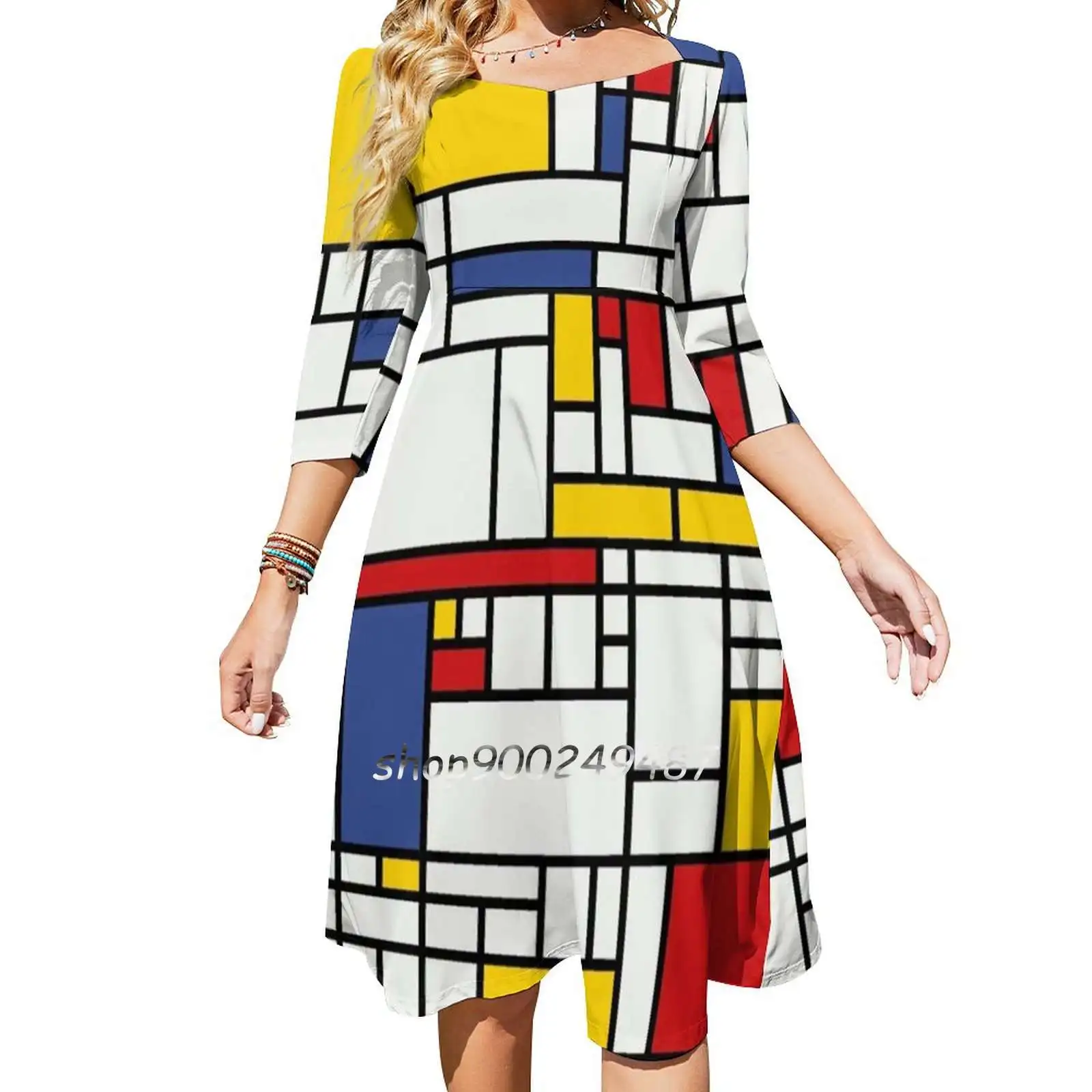 Фото Платье Piet Mondrian с квадратным вырезом, милые свободные платья с принтом, элегантное пляжное праздничное платье Piet Mondrian Piet Mondrian Art The №2