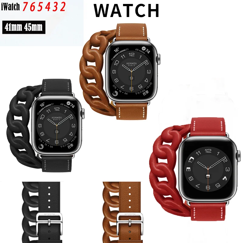 

Leather Gourmette Double Tour Strap For Apple Watch band 45mm/41mm 42/38mm bracelet correa iwatch series 7 6 5 4 3 Se 44mm 40mm