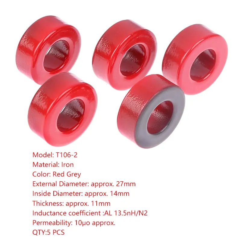 

T106-2 железные ферритовые тороидные сердечники 27*14*11 мм для индукторов, сердечник железа, красное кольцо, 10μo, низкая проницаемость