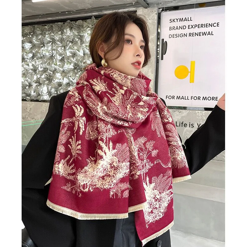 

2022 Net Red Same Style South Korea Dongdaemun All-match Double-sided Thickened Warm Shawl Tropical Jungle Imitation Cashmere Sc