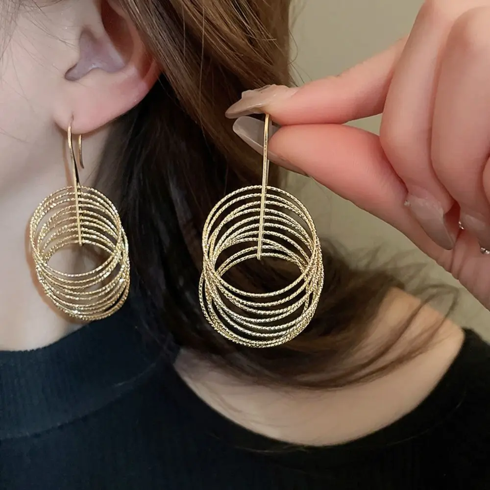 Золотые металлические висячие серьги многослойные круглые модные украшения