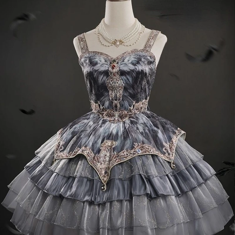 Japanese Victorian Vintage Lolita Halter Dress Women Gothic Style Swan Dance Grey Feather Layered Cake Dresses Girl Kawaii Cute images - 6