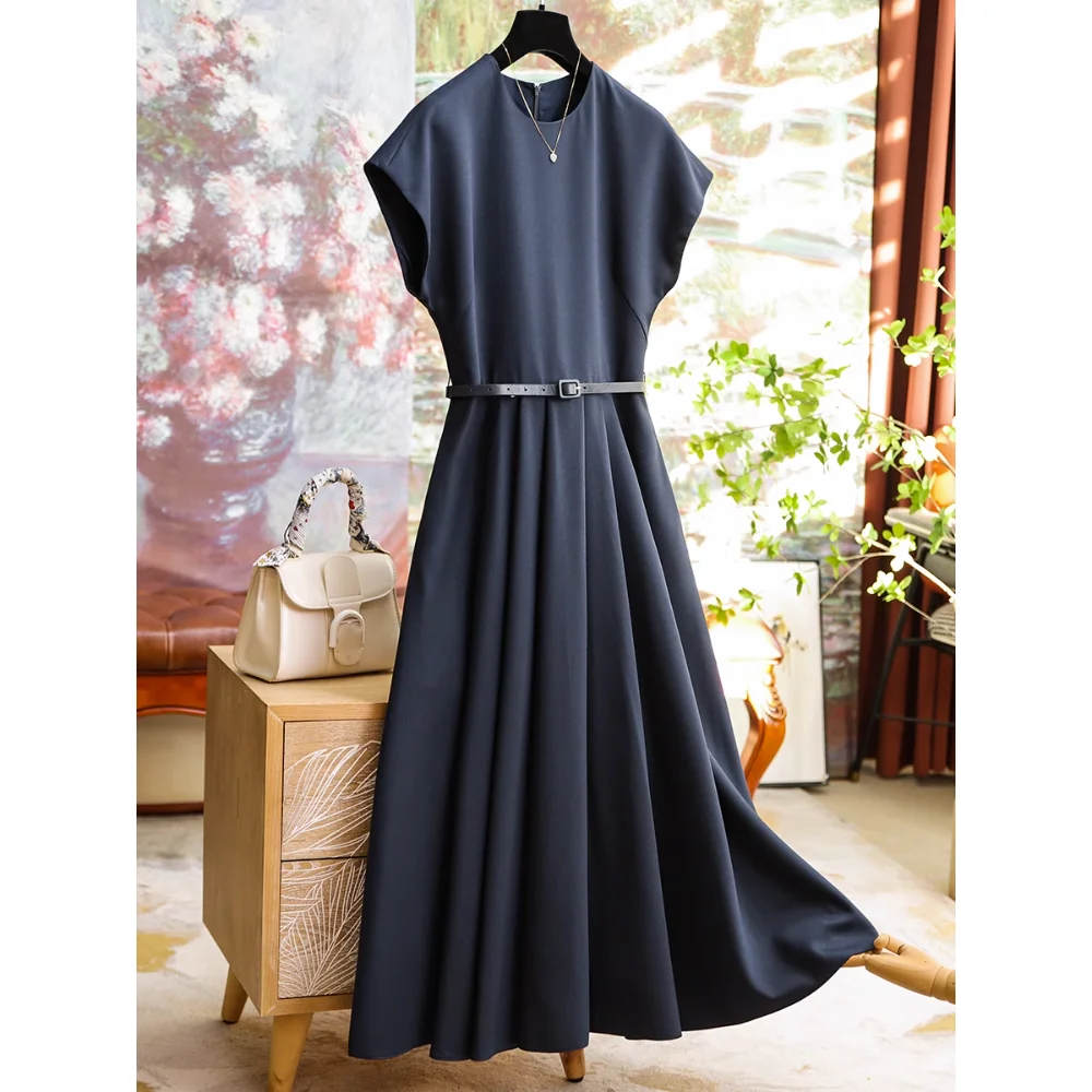 

High-quality Silk Wool Shoulder Insert High-waisted Formal Dress Women's Temperament Elegant Long Dress Summer Fashion Solid