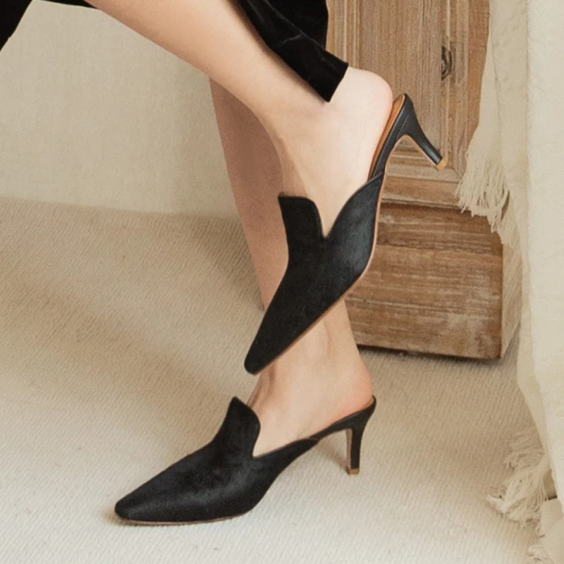 Винтажные туфли без задника из натуральной кожи на шпильке черные сандалии в