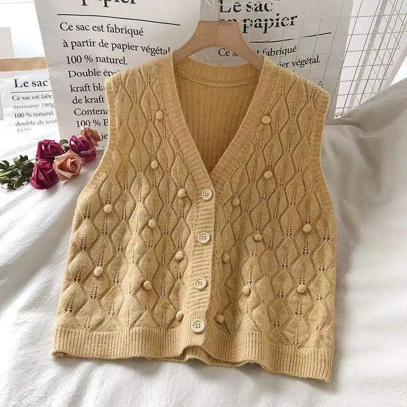 

Yellow Dot Lady Spring Korean V-neck Knit Sleeveless Sweater Short Vest Loose Coat Tops Waistcoat Lady Top Cloth for Women girl