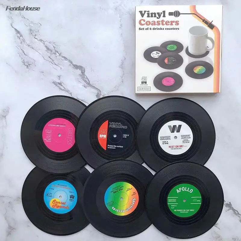 HOT! 6pcs Coasters for Drinks Retro Record Funny Absorbent Novelty Vinyl Disk Coasters Record Player Holder Home Decor Gifts