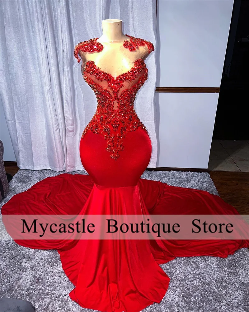 

New Red Velvet Mermaid Prom Dresses 2023 For Black Girls Beaded Sheer Neck Wedding Party Gown Robe De Soirée