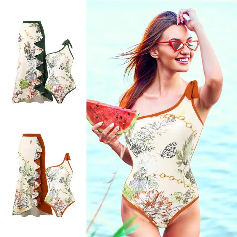 

Купальный костюм с накидкой, комплект бикини с цветочным принтом, купальный костюм, Тропическое бикини, купальник, накидка, юбка с запахом, летние праздничные