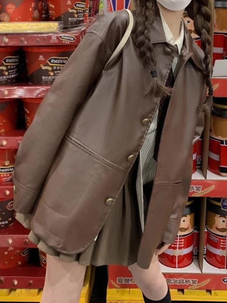 Весенняя модная новая женская кожаная куртка с откидным воротником однобортное