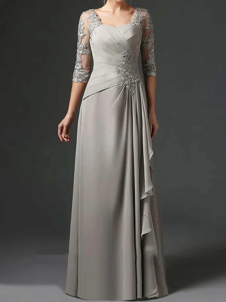 

Sheath Mother of the Bride Dress Elegant Square Neck Floor Length Chiffon Lace Half Sleeve with Ruching Evening Party Gown