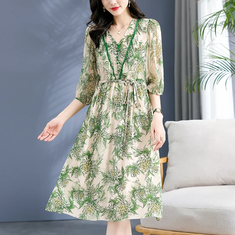 100% Real Silk Women's Floral Dress 2023 Summer Elegant Fashion Dresses For Women V-neck Vintage Woman Long Midi Dress A-line