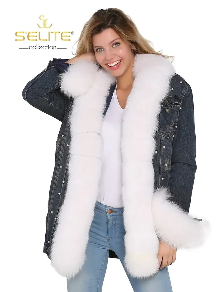 Denim Woman Coat With Pearls, Real Fur Coat, Real Fur Jacket, Real Fur Clothes, real Fur Vest, Real Fur Anorak, Real Fur Parka