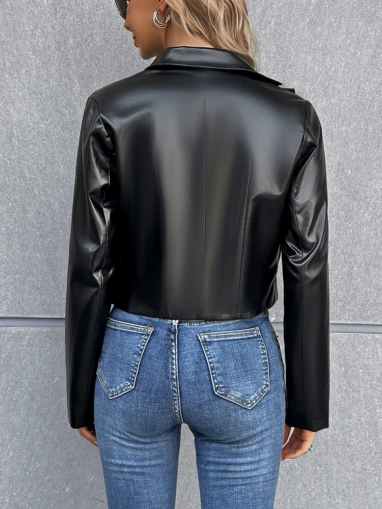 Autumn Faux Leather Blazer Women Black Moto Biker Short Jacket Casual Slim Button Pu Leather Coats Fashion Streetwear 2022