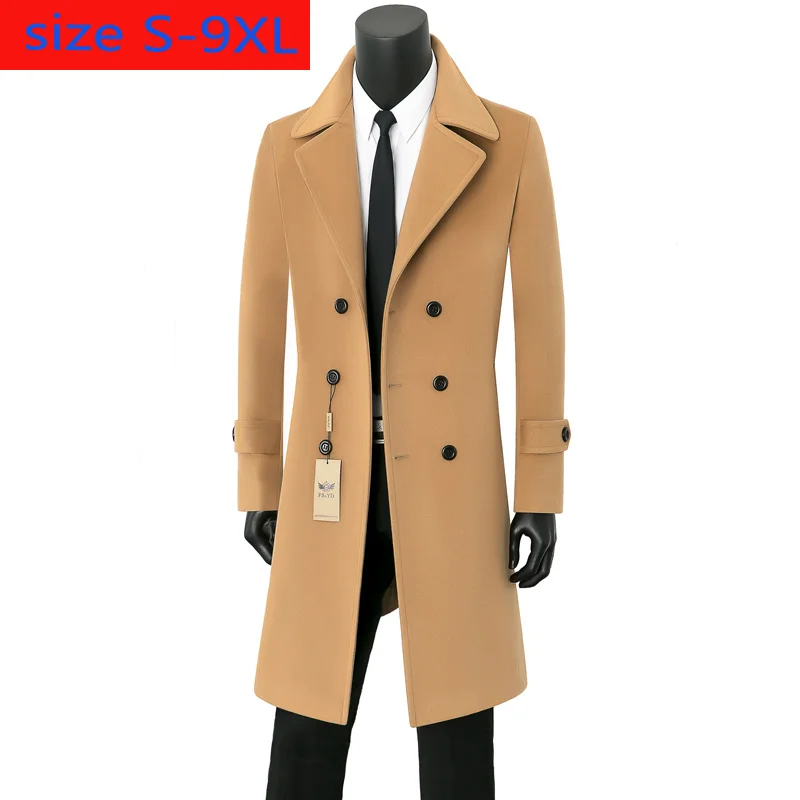 

New Men Cashmere Overcoat Jacket Youth Wool Warm Tide Casual X-long Double Breasted Thick Mens Wool Coat Plus Size S-7XL 8XL 9XL