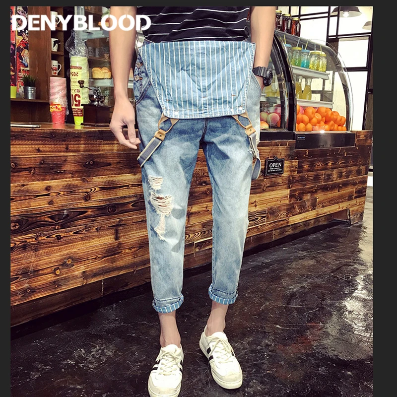 Mens Darked Wash Denim Overall Distressed Jeans Ripped Bib Pants Patchwork Jumpsuits Male Calf-length Jeans Pants 9381