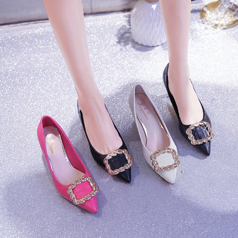 

Classics Brand Pumps High Heel Pointed Shoes Silk Metal Square Buckle Rhinestone Wedding Shoes Ladies Dress Shoes