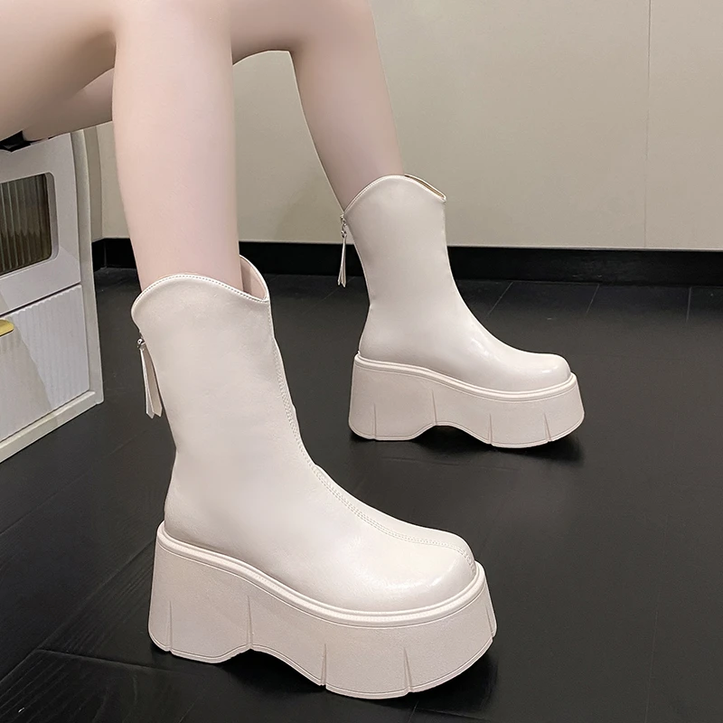 

Женские ботинки челси на высокой платформе 9 см, кожаные кроссовки с круглым носком, обувь на толстой подошве в британском стиле, на осень