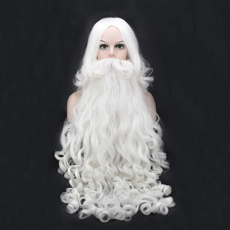 60cm Christmas Santa Claus Beard Wig Synthetic Hair Short Cosplay Men Wizard White Hairpiece Accessories New Year Hat Gift