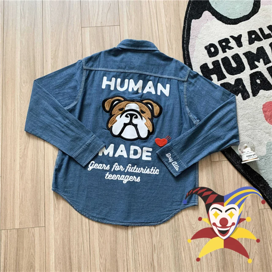 

Dog Head HUMAN MADE Denim Shirt Men Women 1:1 Best Quality Embroidered Shirts