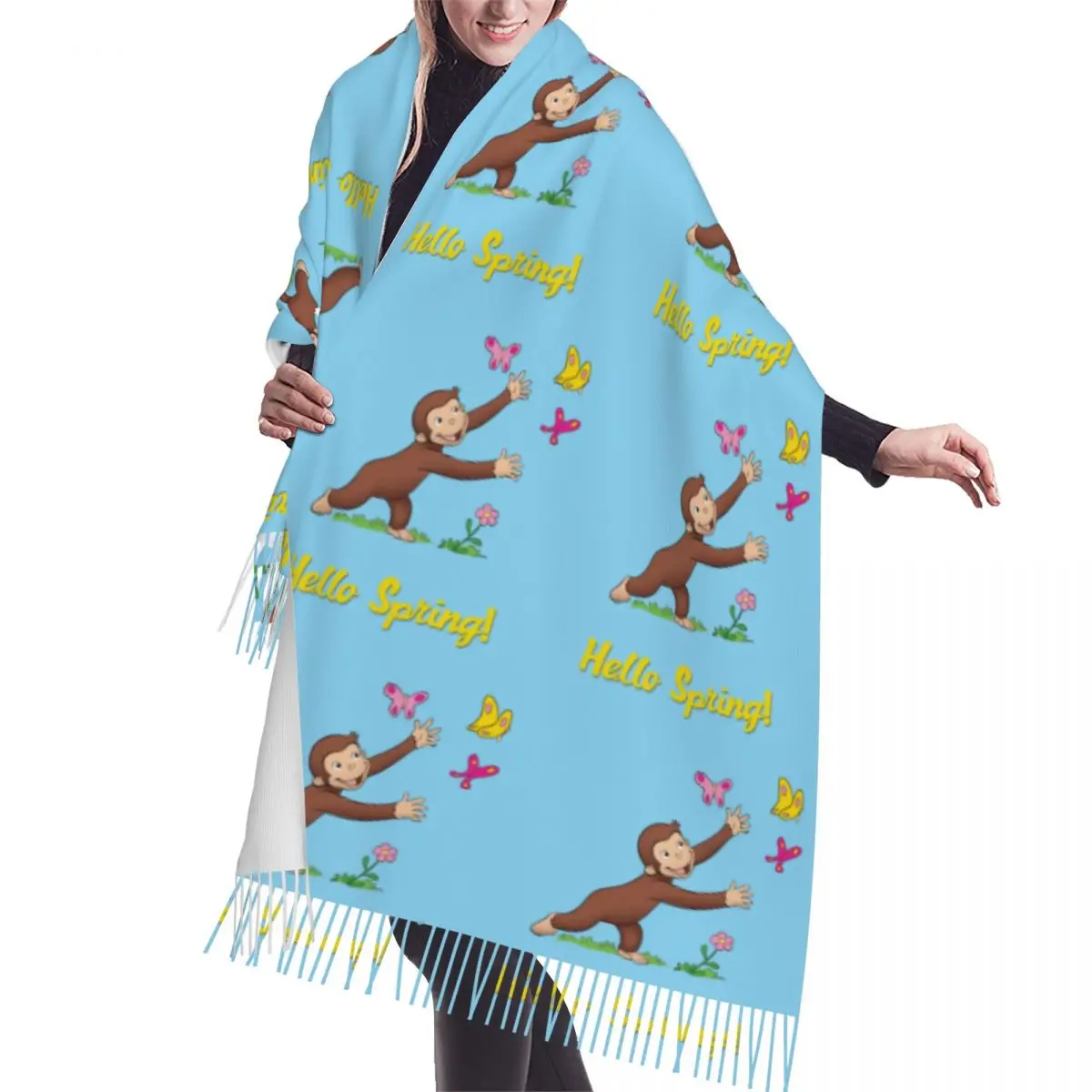 

Customized Printed George The Curious Monkey Hello Spring Scarf Women Men Winter Fall Warm Scarves Fashion Versatile Shawl Wrap