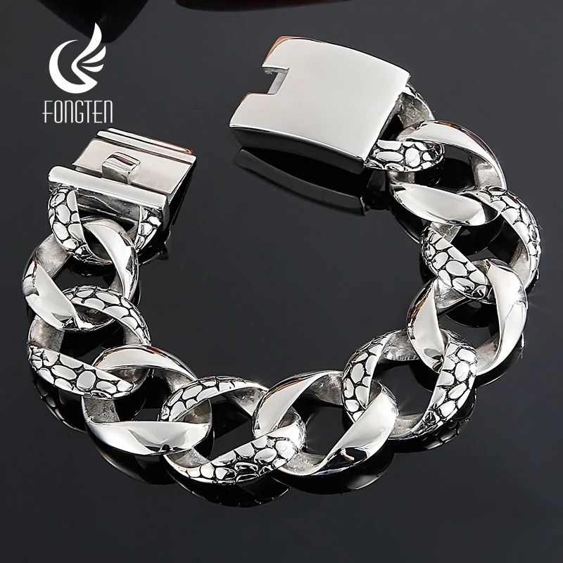 

Fongten Silver Color Stainless Steel Charm Bracelet For Men Hip Hop Snake Skin Pattern Cuban Chain Brushed Bangle Jewelry