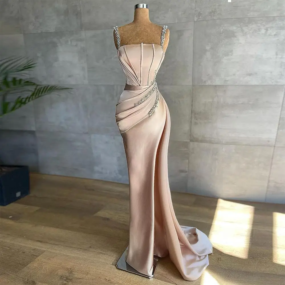 

Champagne Pink Prom Dresses Crystal Beading Mermaid Spaghetti Strap Ruched Side Split Formal Party Sexy Satin Evening Gowns 2023