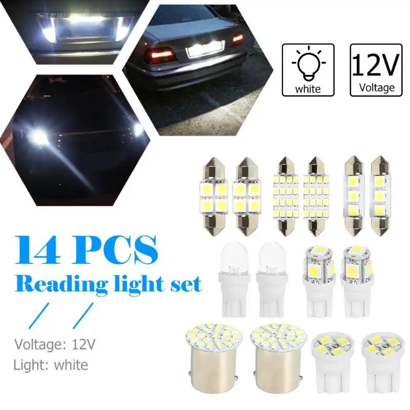 

14Pcs Car Signal Lights Led T10 COB Glass 6500K White Auto Automobiles License Plate Lamps Dome Reading DRL Bulbs Style 12V W5W