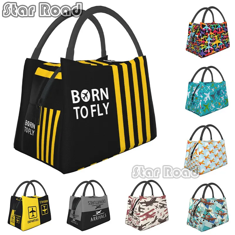 

Custom Born To Fly Captain Stripes Flight Pilot Repeatable Lunch Bag Women Cooler Thermal Insulated Lunch Box for Kids School