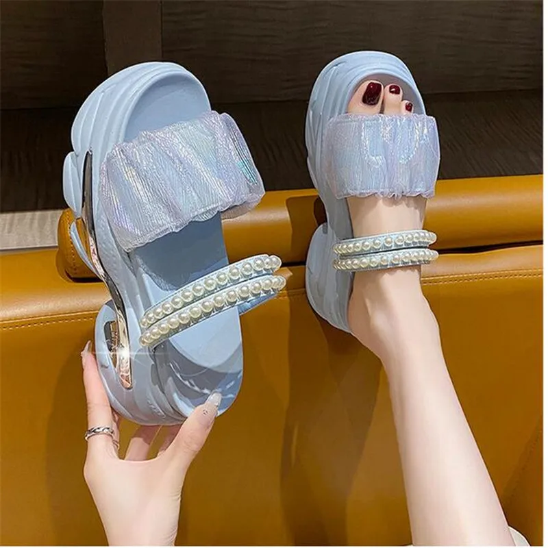 Women's Pearl Strap Chunky Sandals Summer 2023 Thick Bottom Wedge Slippers Woman Fashion Pink Lace Platform Sandals Mujer