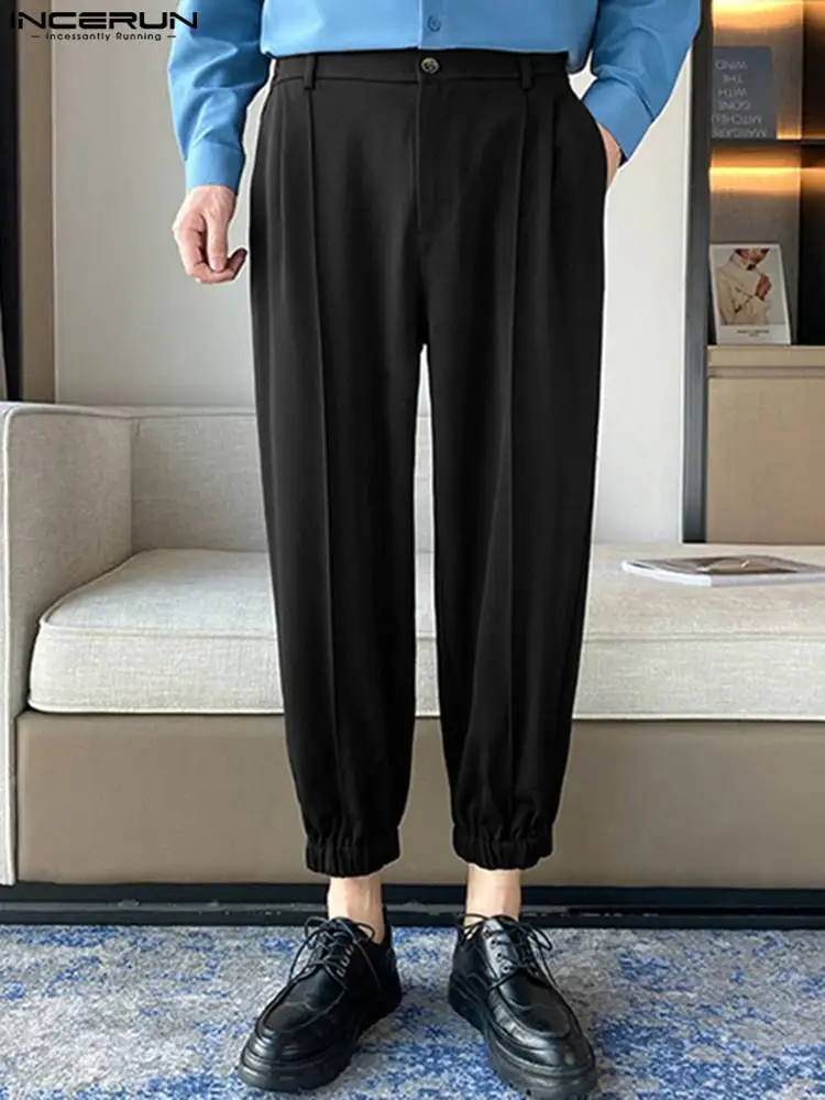 

INCERUN 2022 Korean Style Handsome Men Nine Points Bunched Leg Pantalons Casual Streetwear Male Bloomers Wide Leg Trousers S-5XL