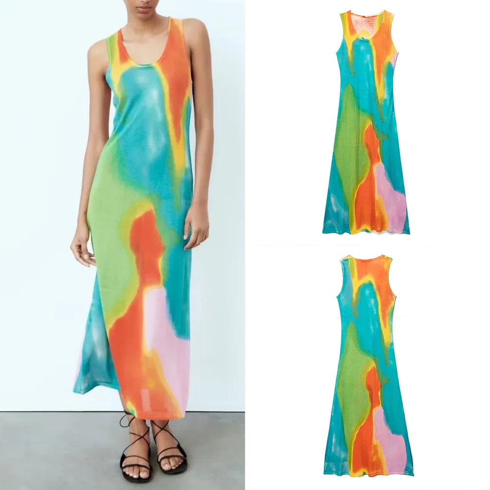 

PB&ZA Summer New Women's Fashion Round Neck Textured Slim Printed Knitted Sleeveless Long Dress 9598120