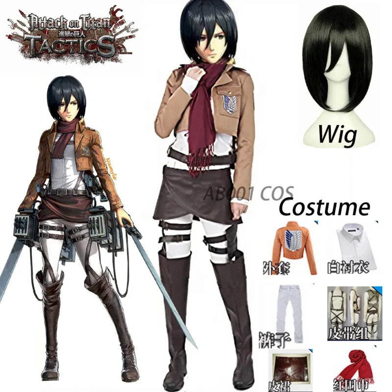 

Trajes de Cosplay de Attack on Titan Mikasa Ackerman, conjunto completo de ropa de Anime de Halloween, Bob corto negro Shingeki