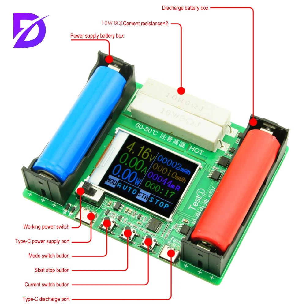 

LCD Display Battery Capacity Tester MAh MWh 18650 Lithium Battery Digital Type-C Measurement Battery Power Detector Module