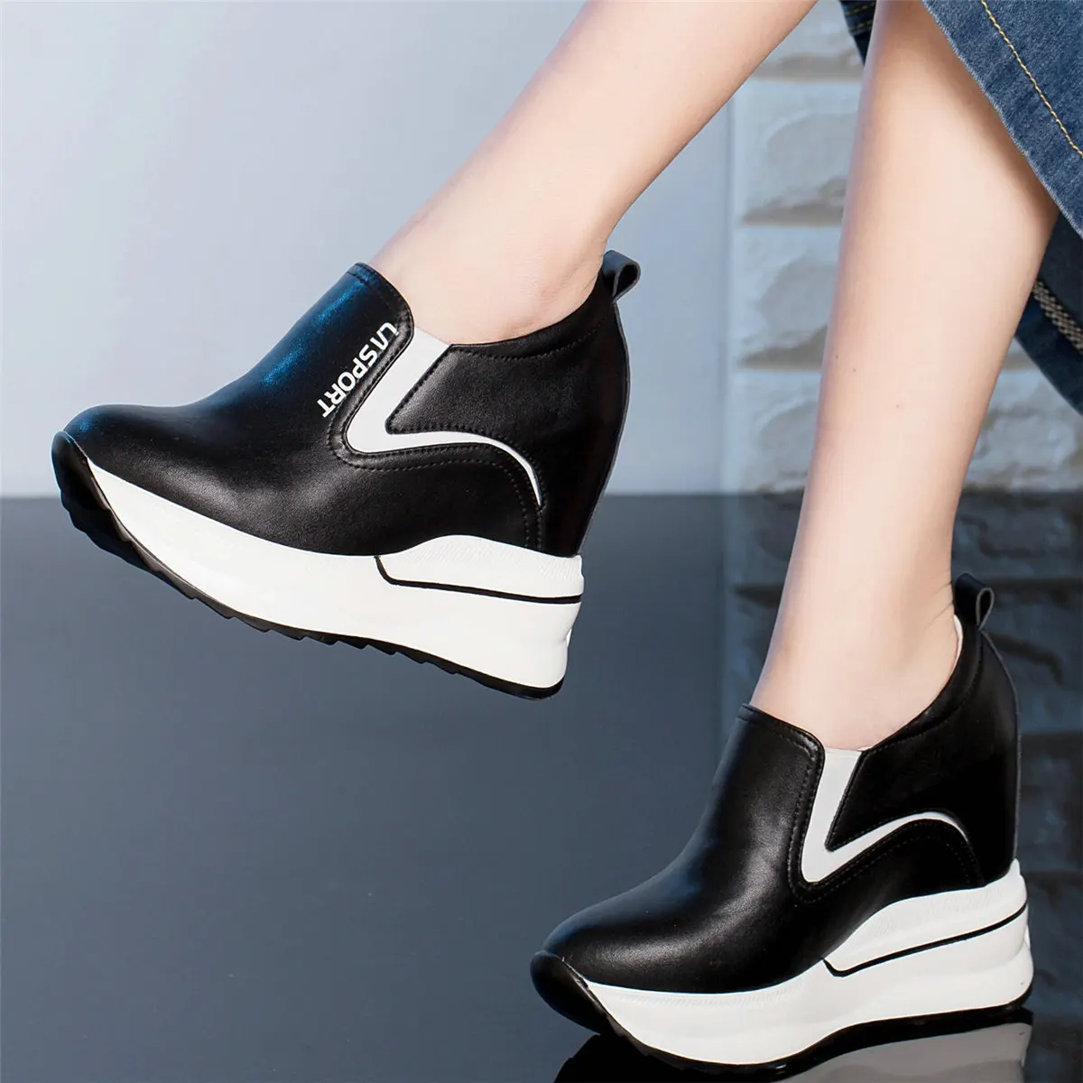 12cm Super High Heels Party Shoes Women Genuine Leather Wedges Platform Pumps Female Round Toe Fashion Sneakers Casual Shoes