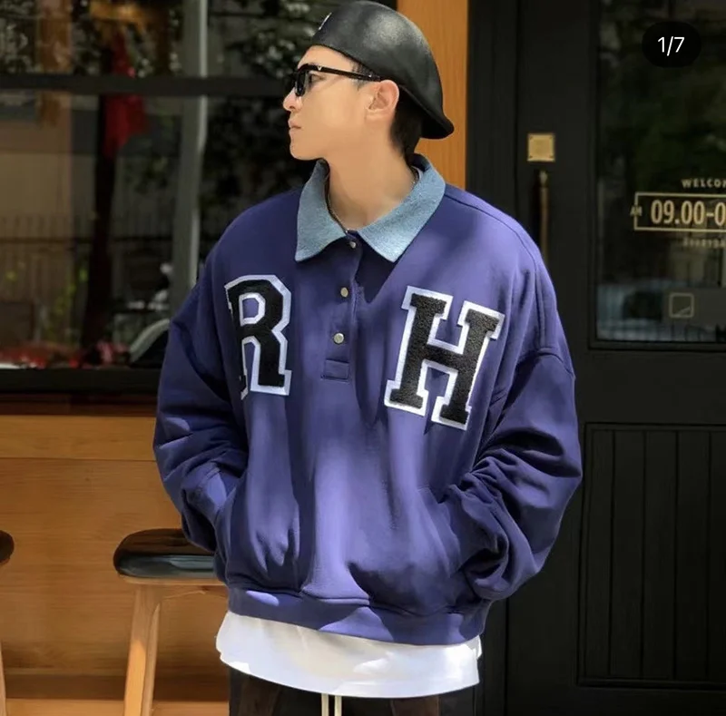 

Denim Collar RHUDE Patchwork Sweatshirt Patch Embroidery RH Men's Women's Rhude Oversize Pullover
