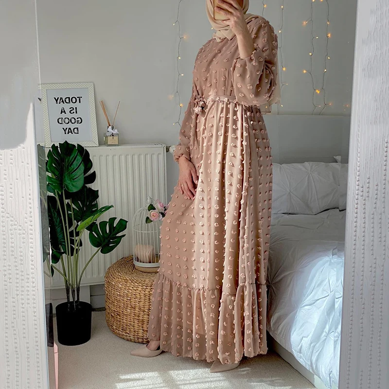 Chiffon Jacquard Ramadan Women Dress 2022 With Belt Dubai Abaya Middle East Plus Size Maxi Modest Muslim Long Arabian Dresses