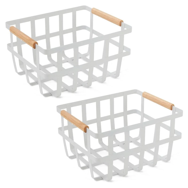 

2X Wire Food Organizer Storage Bin Baskets With Bamboo Handles For Kitchen Cabinets/Pantry - Store Fruit, Pasta,